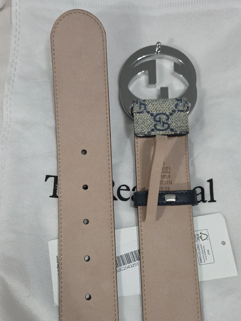 Gucci GG Supreme Monogram Belt with Silver Double G Buckle Beige/Navy